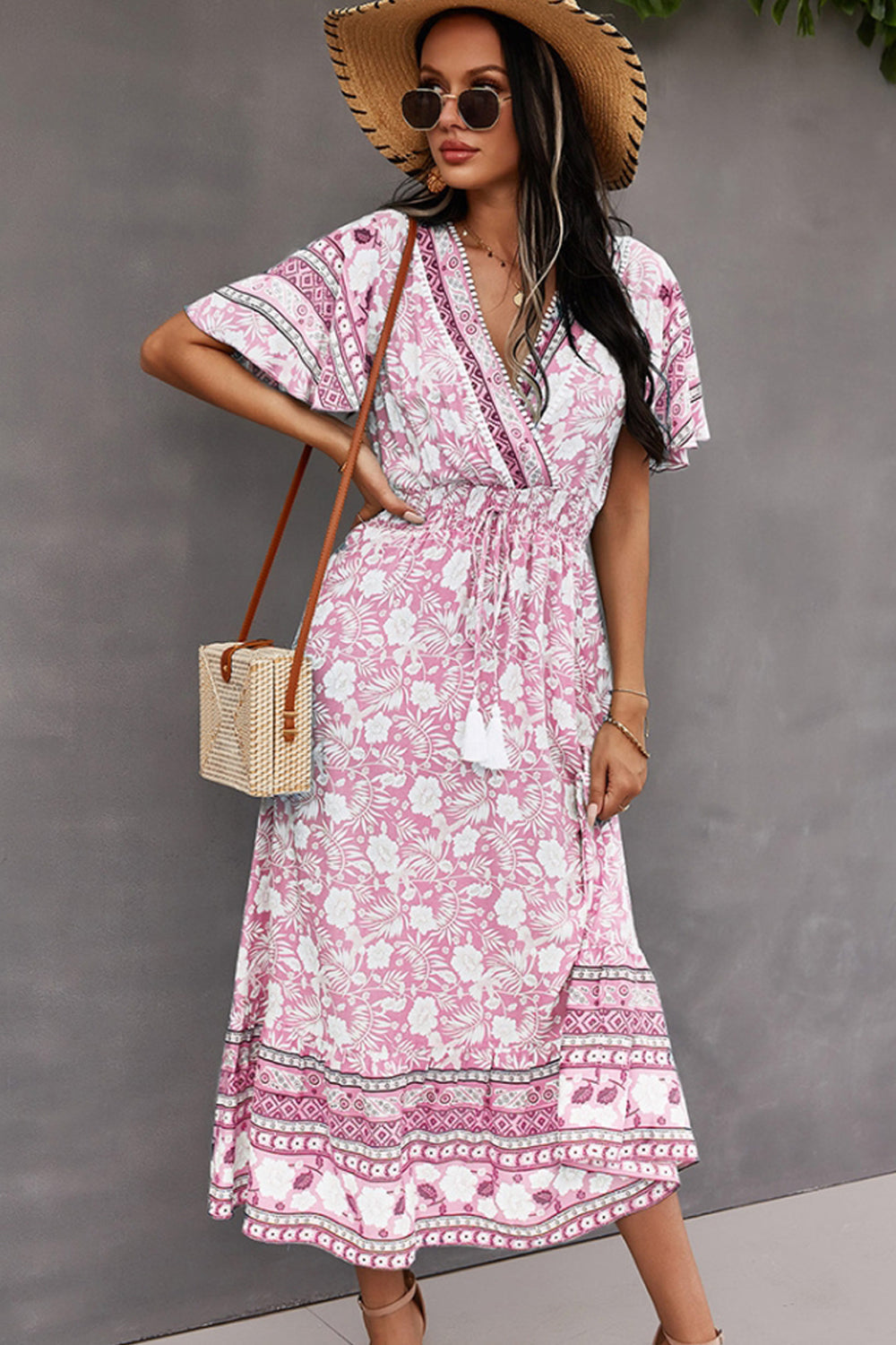 Creamtopmall V-Neck Tie Bohemian Dress