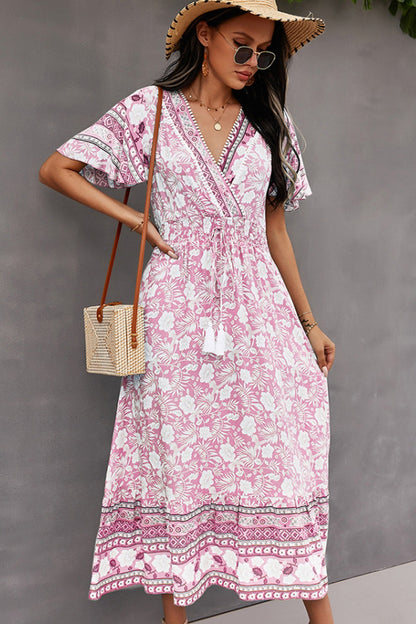 Creamtopmall V-Neck Tie Bohemian Dress