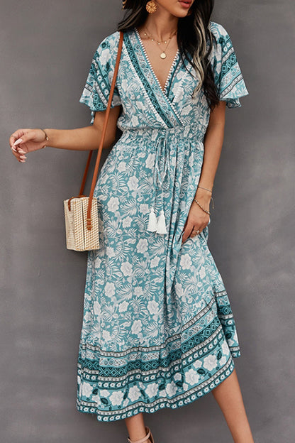 Creamtopmall V-Neck Tie Bohemian Dress