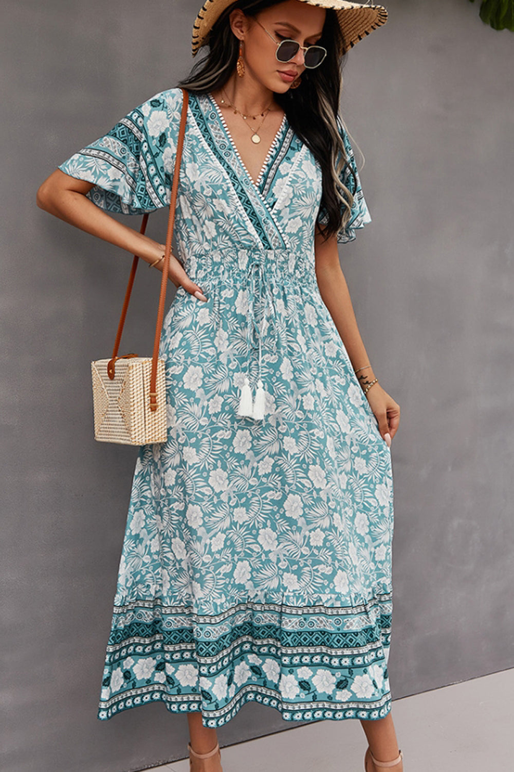 Creamtopmall V-Neck Tie Bohemian Dress