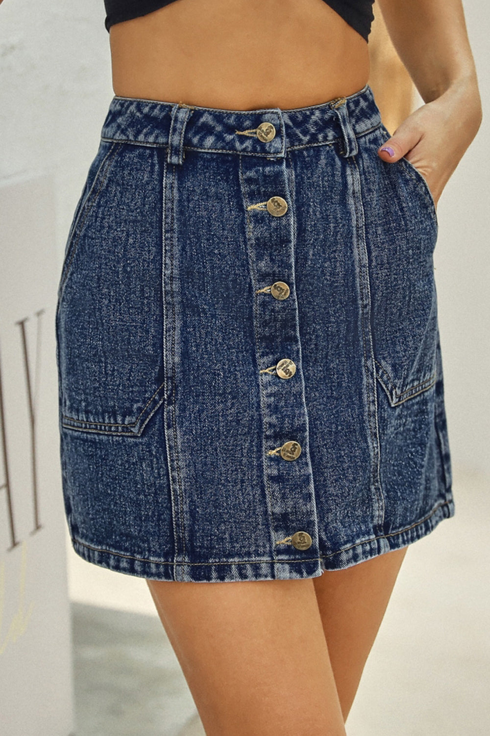 Creamtopmall High Waist Denim Button Pocket Skirt