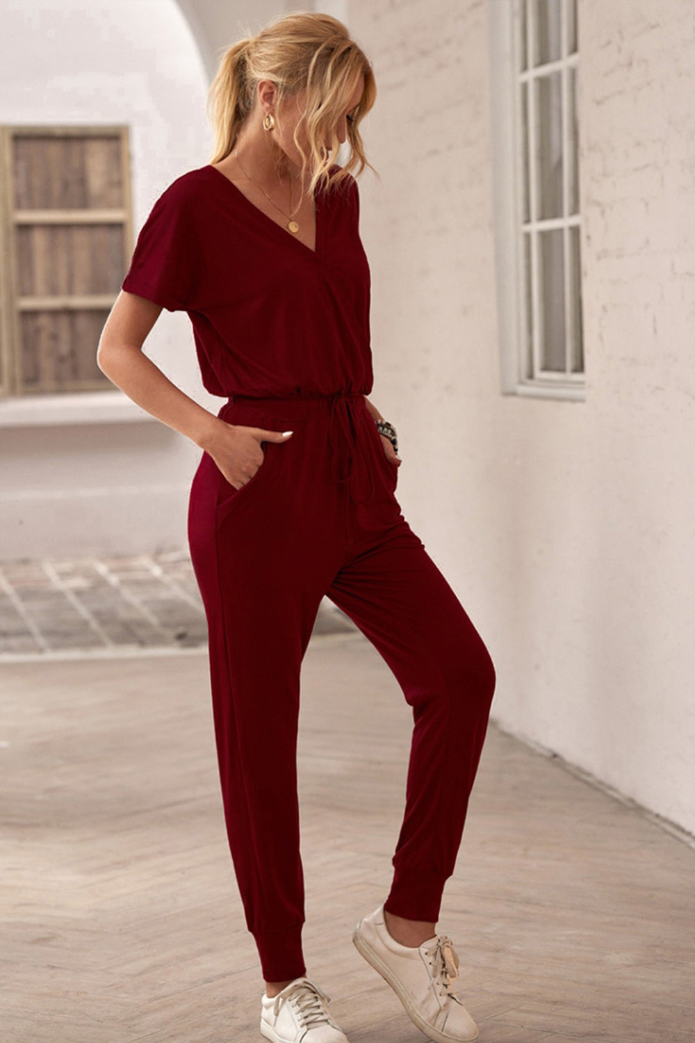 creamtopmall Deep V Solid Color Casual Jumpsuit