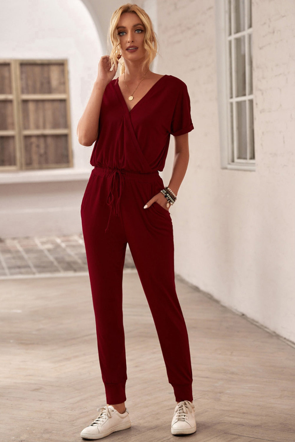 creamtopmall Deep V Solid Color Casual Jumpsuit