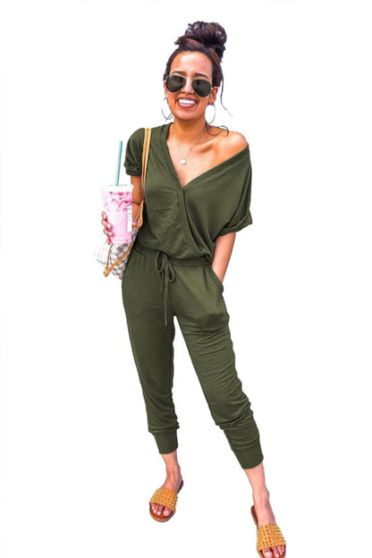 creamtopmall Deep V Solid Color Casual Jumpsuit