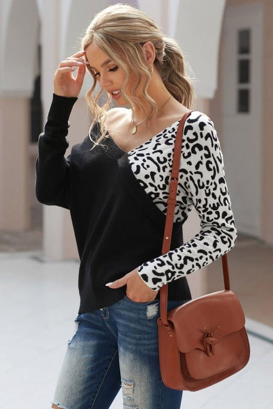 Creamtopmall V-neck Patchwork Sweater