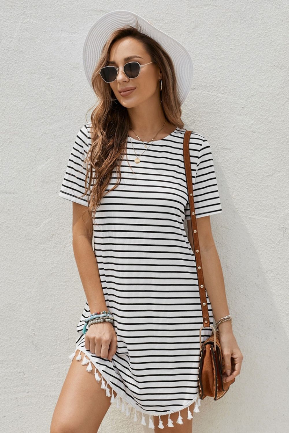 Creamtopmall Striped Print Tassel Dress