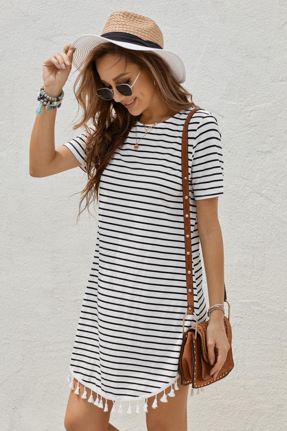 Creamtopmall Striped Print Tassel Dress