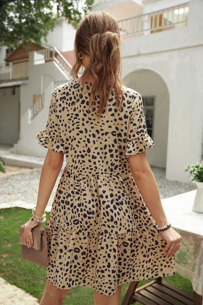 Creamtopmall Ruffled Leopard Print Button Dress