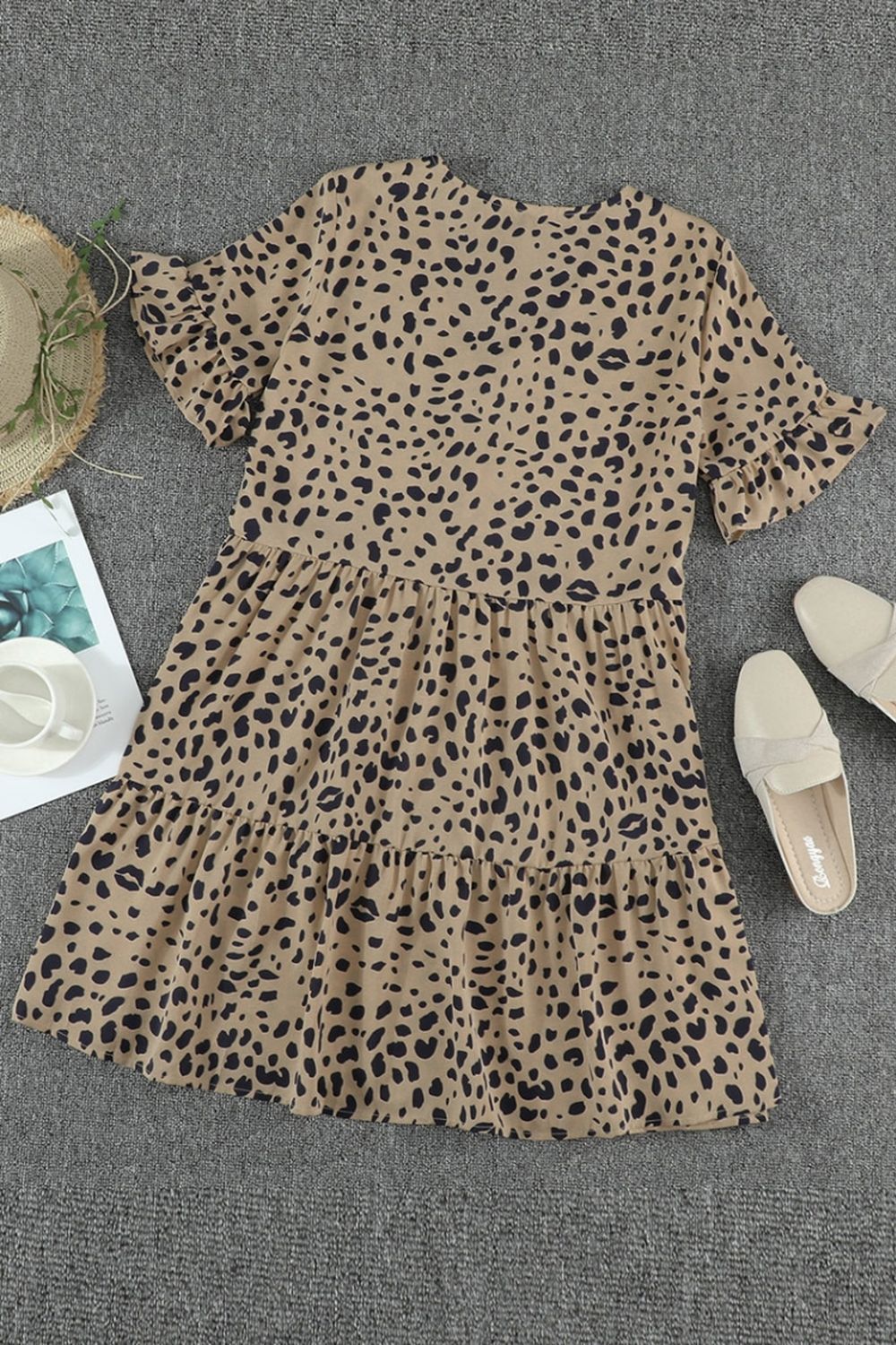 Creamtopmall Ruffled Leopard Print Button Dress