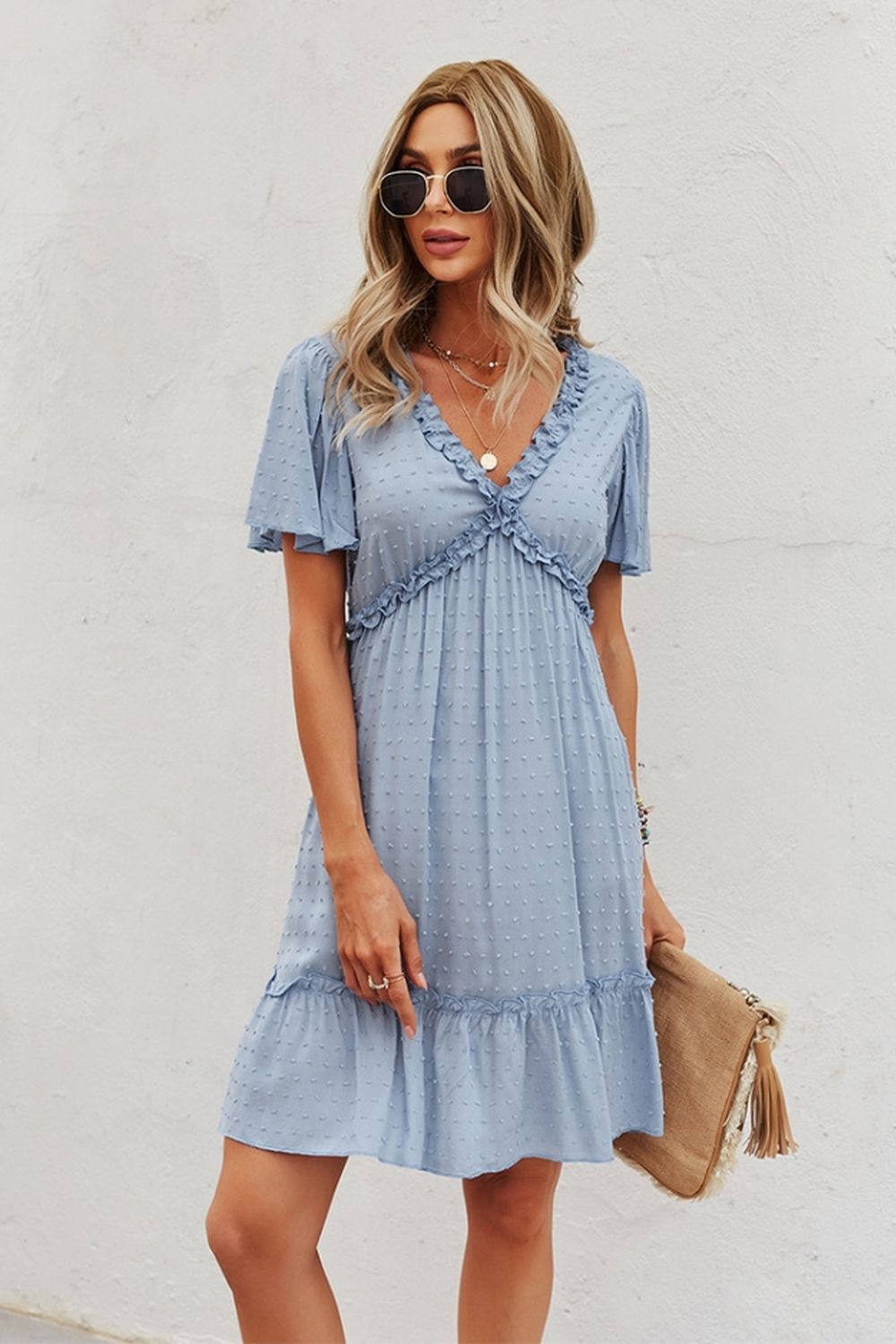 Creamtopmall Short Sleeve Solid Color Dress