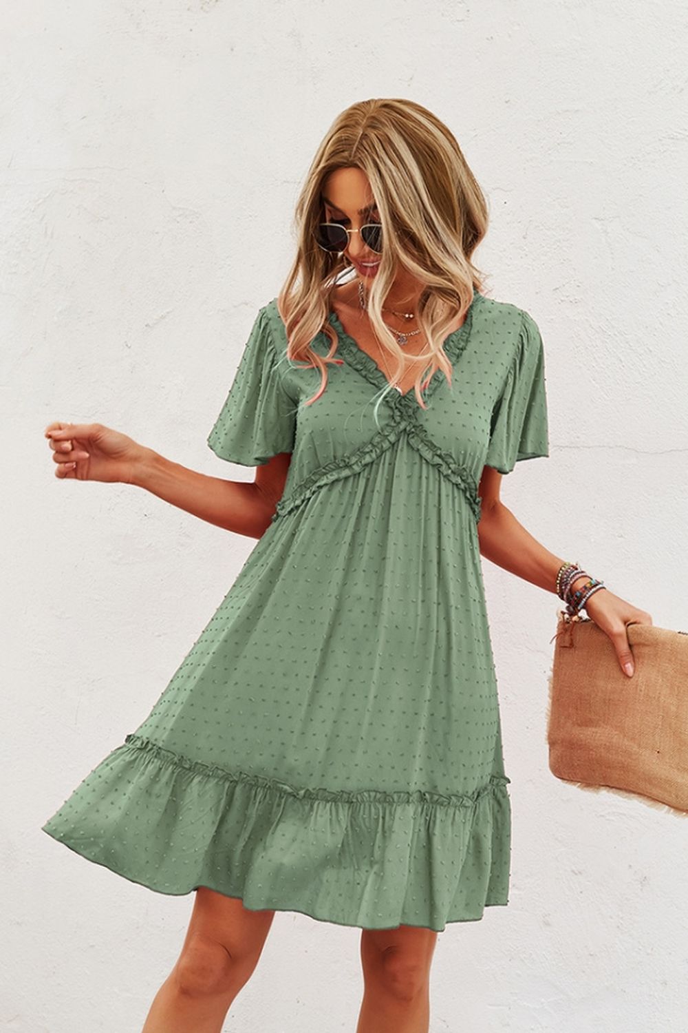 Creamtopmall Short Sleeve Solid Color Dress