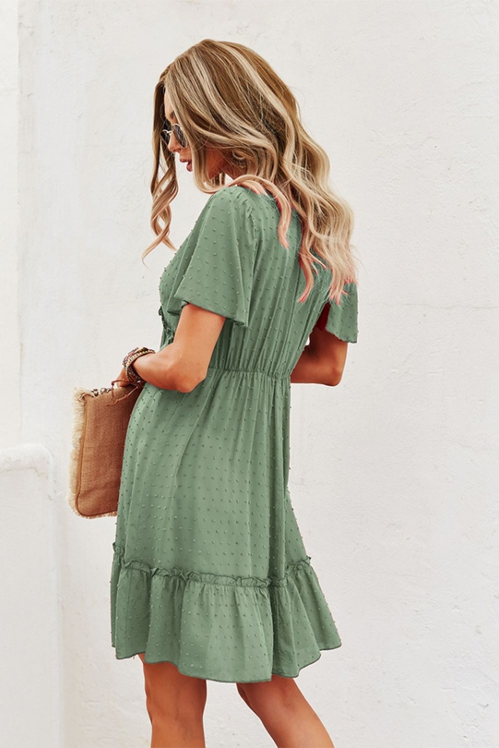 Creamtopmall Short Sleeve Solid Color Dress