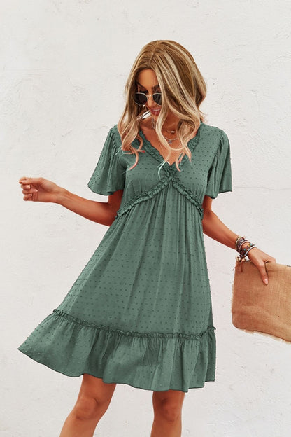 Creamtopmall Short Sleeve Solid Color Dress