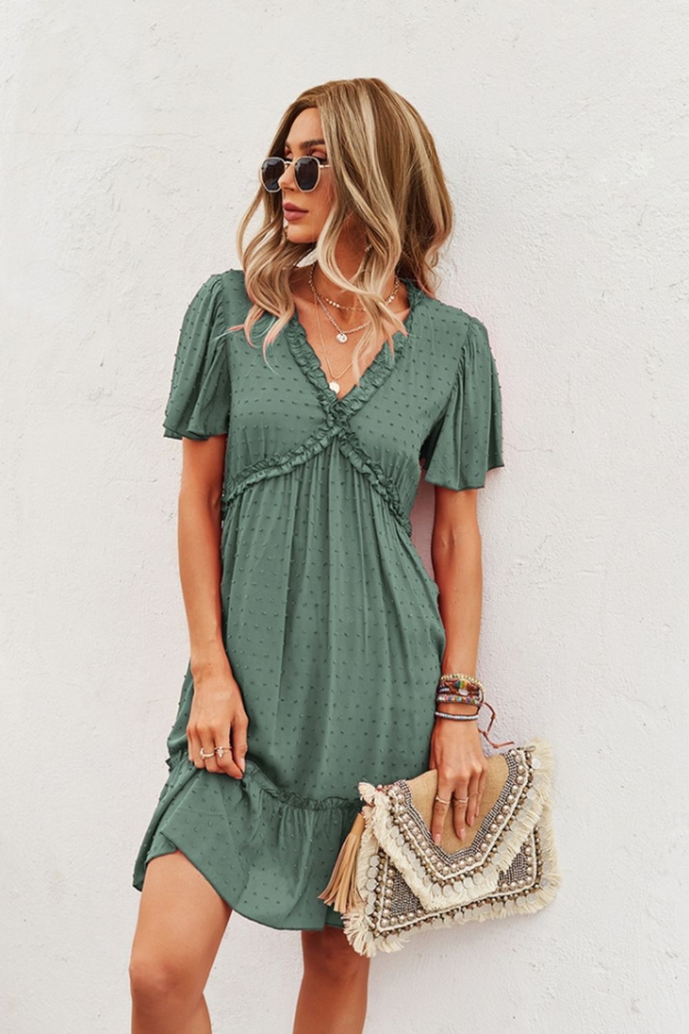 Creamtopmall Short Sleeve Solid Color Dress