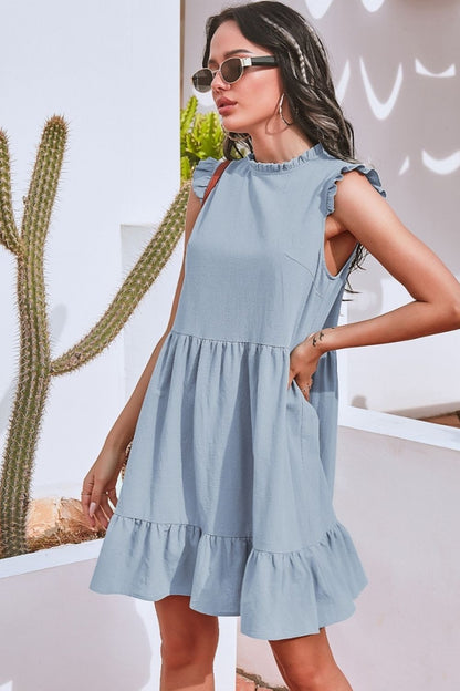 Creamtopmall Solid Color Ruffled Waist Dress