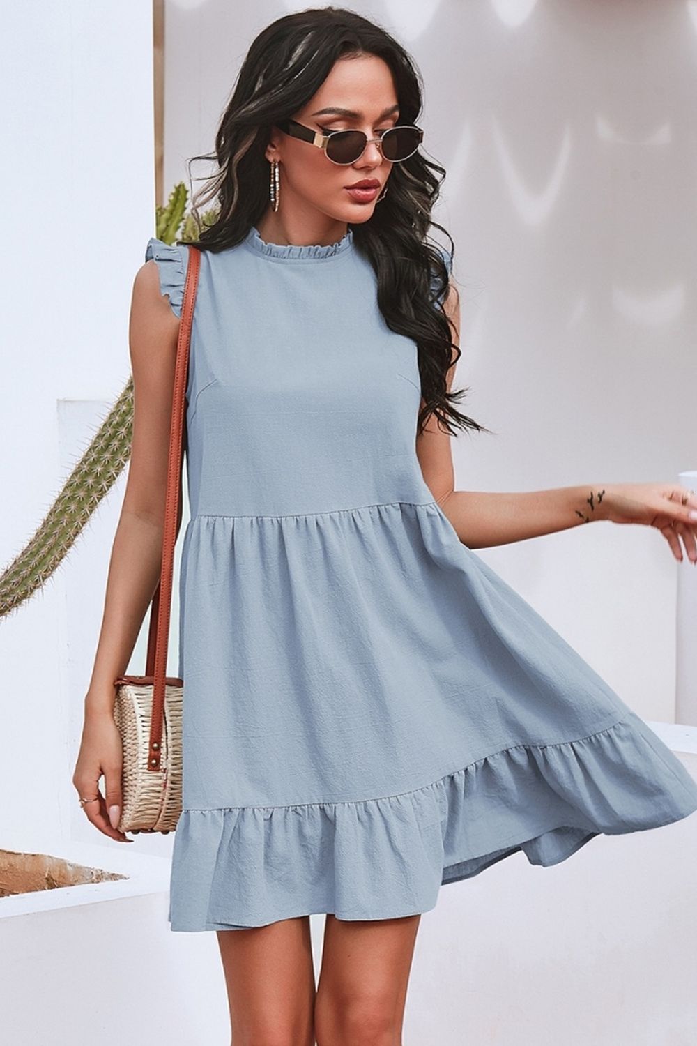 Creamtopmall Solid Color Ruffled Waist Dress