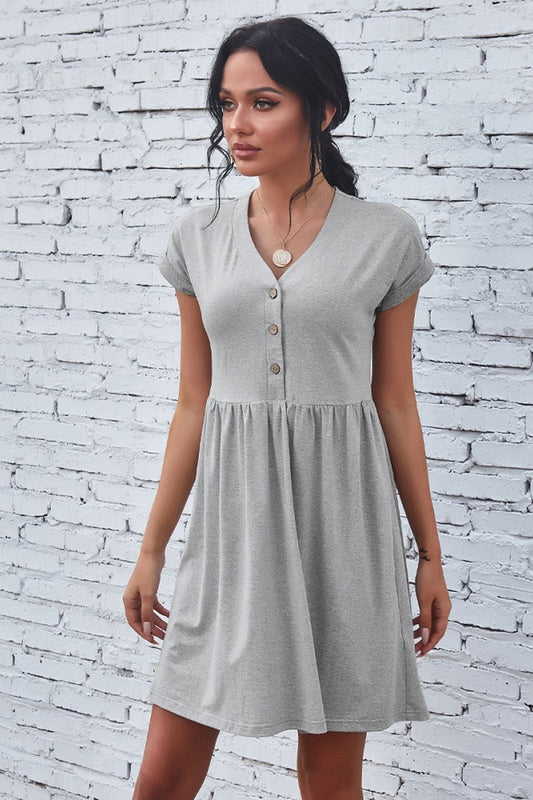 Creamtopmall Solid Color V-Neck Button Dress