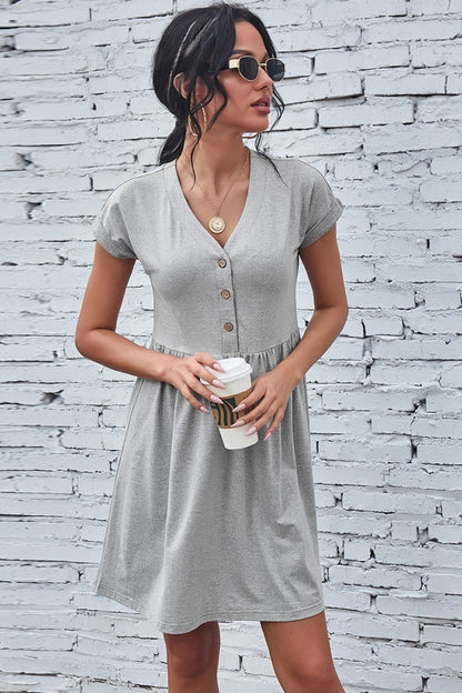 Creamtopmall Solid Color V-Neck Button Dress