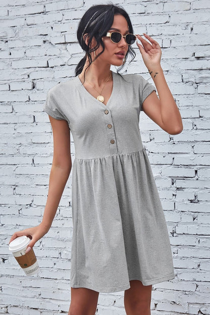 Creamtopmall Solid Color V-Neck Button Dress