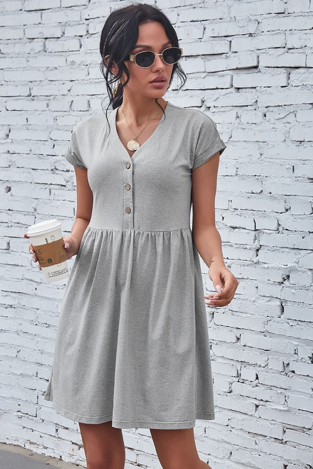 Creamtopmall Solid Color V-Neck Button Dress