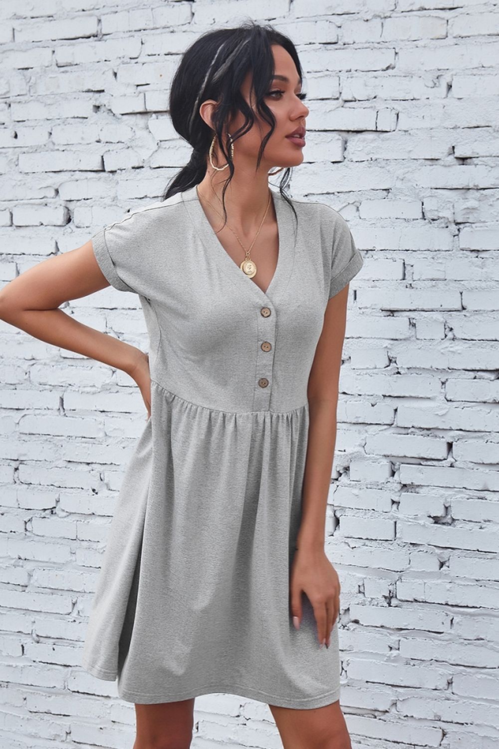 Creamtopmall Solid Color V-Neck Button Dress