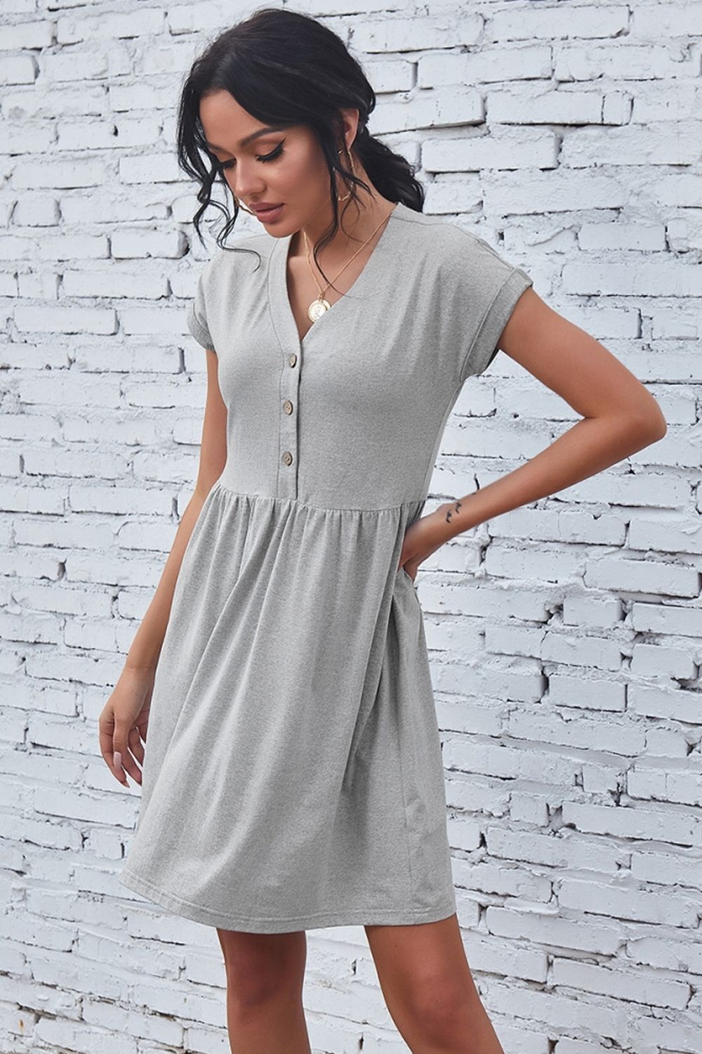 Creamtopmall Solid Color V-Neck Button Dress