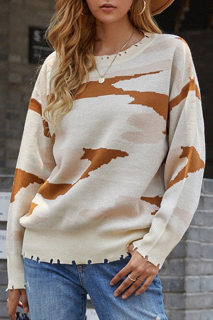 Creamtopmall Camouflage Ripped Fringed Sweater