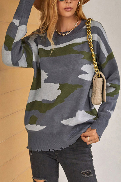 Creamtopmall Camouflage Ripped Fringed Sweater