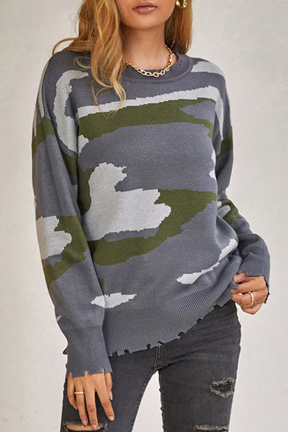 Creamtopmall Camouflage Ripped Fringed Sweater