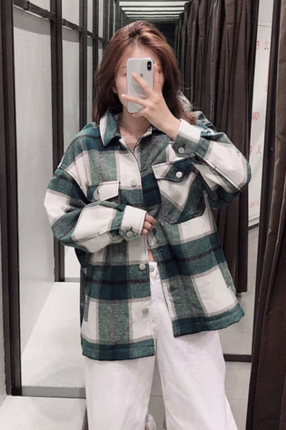 Creamtopmall Flannel Loose Tweed Plaid Shirt Coat