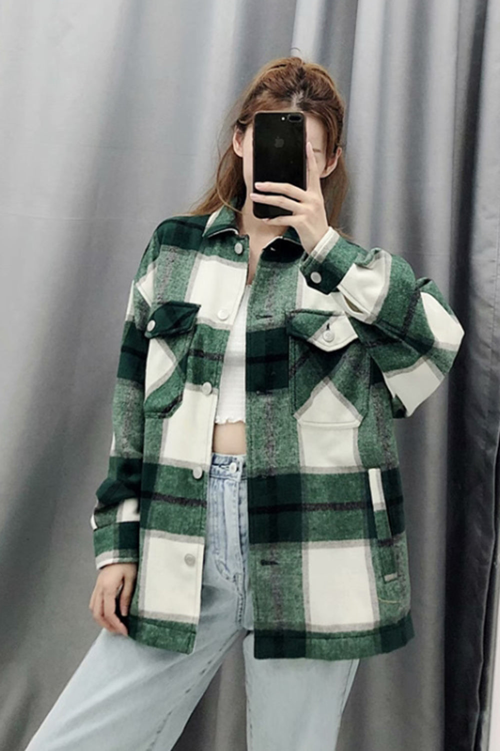 Creamtopmall Flannel Loose Tweed Plaid Shirt Coat