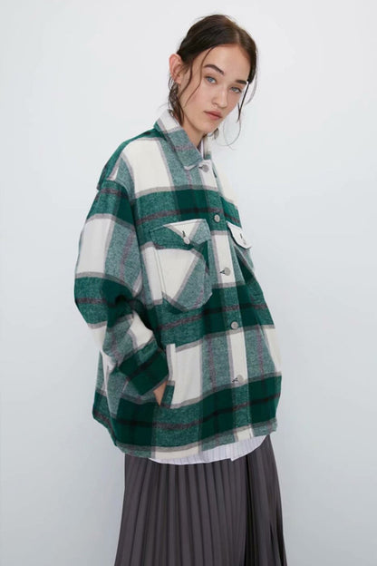 Creamtopmall Flannel Loose Tweed Plaid Shirt Coat