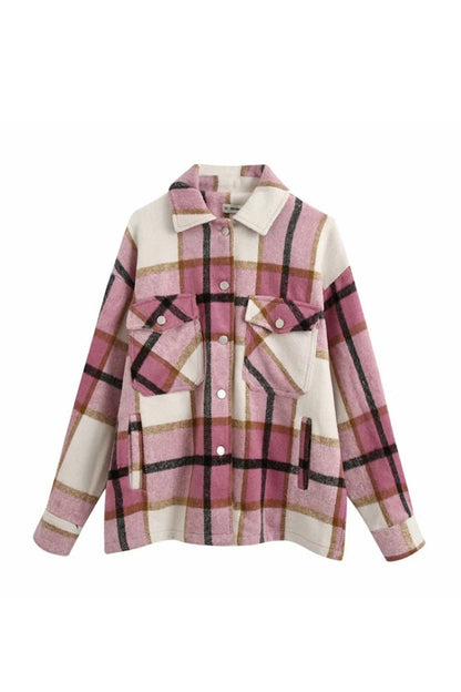 Creamtopmall Flannel Loose Tweed Plaid Shirt Coat