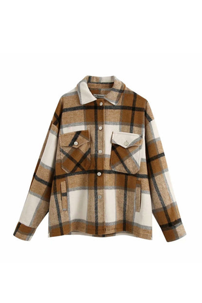 Creamtopmall Flannel Loose Tweed Plaid Shirt Coat