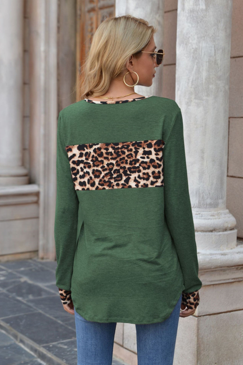 Creamtopmall Leopard Print Stitching Round Neck Long Sleeve T-shirt