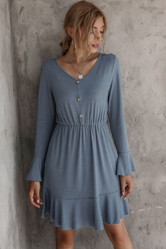 Creamtopmall V-Neck Solid Color Long-Sleeved Dress