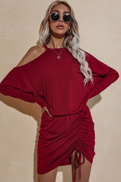 Creamtopmall Long Sleeved Off-Shoulder Drawstring Dress