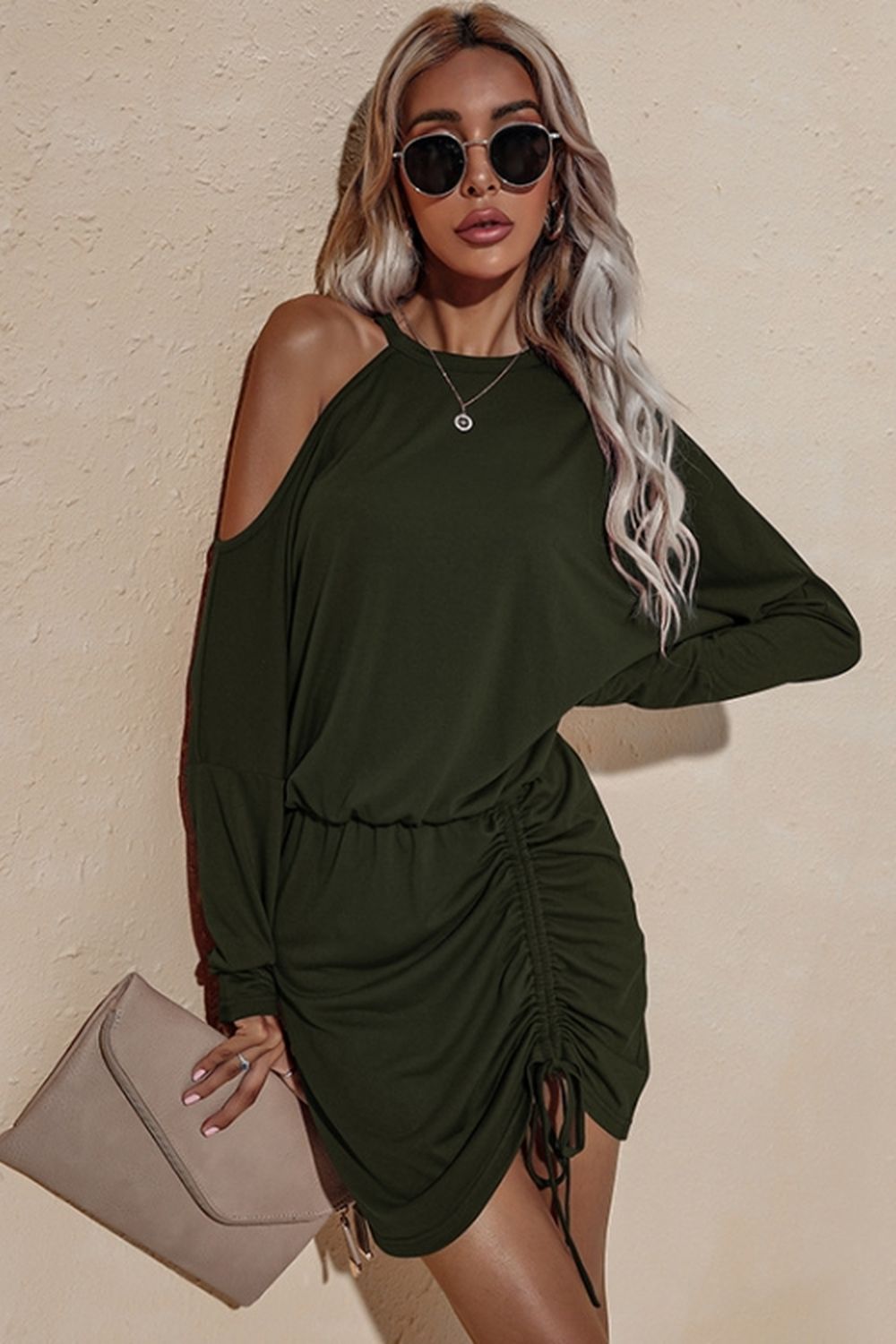 Creamtopmall Long Sleeved Off-Shoulder Drawstring Dress