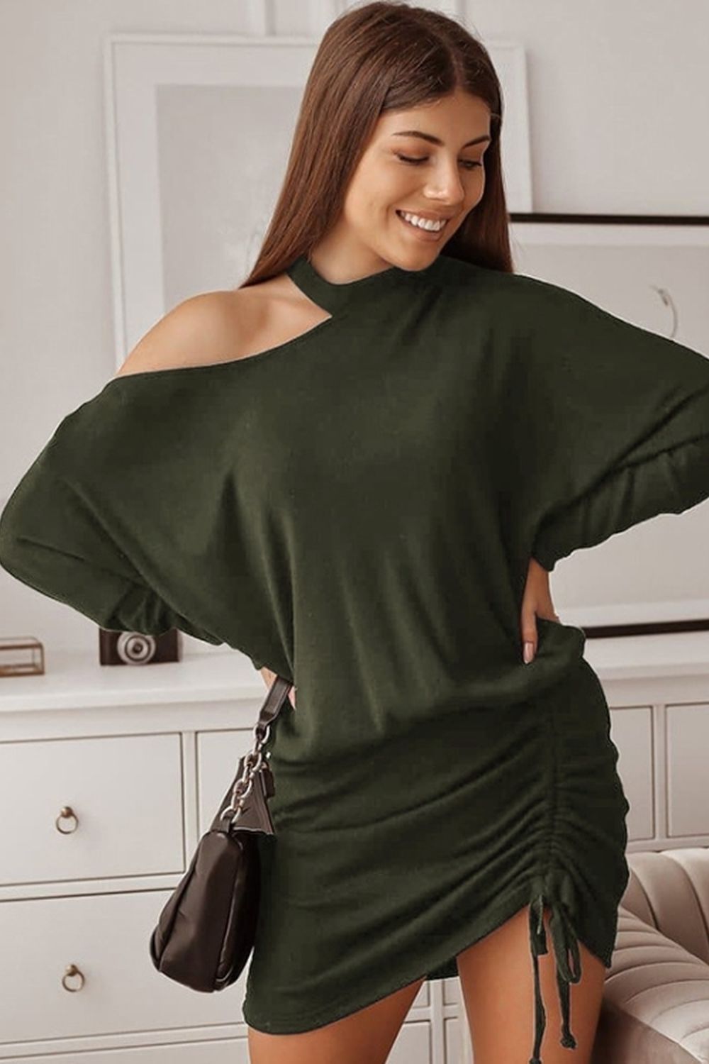 Creamtopmall Long Sleeved Off-Shoulder Drawstring Dress