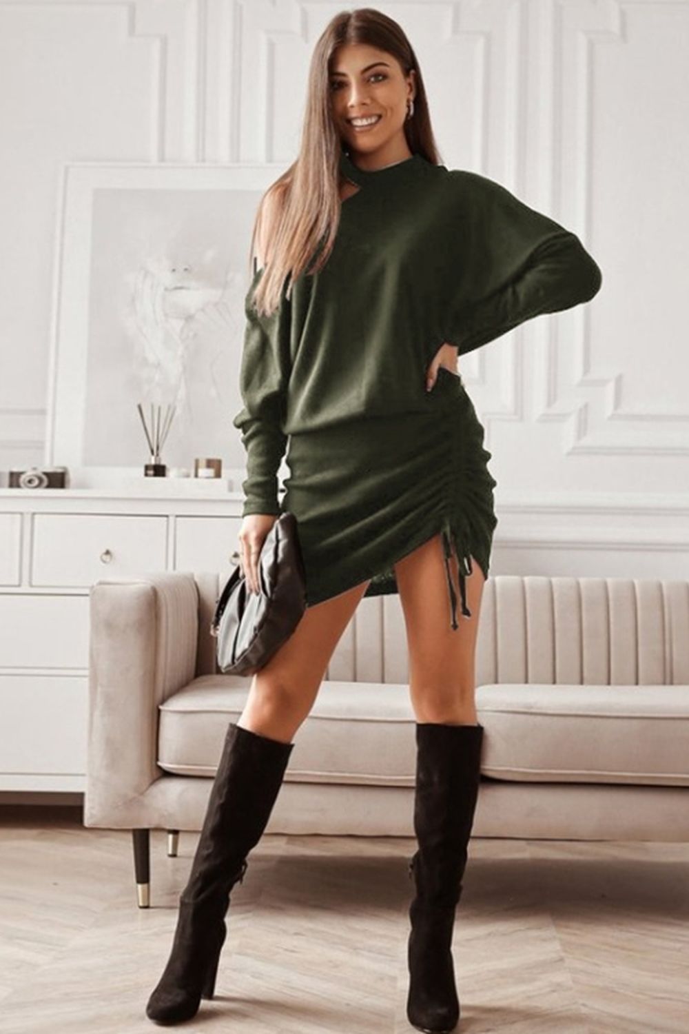 Creamtopmall Long Sleeved Off-Shoulder Drawstring Dress