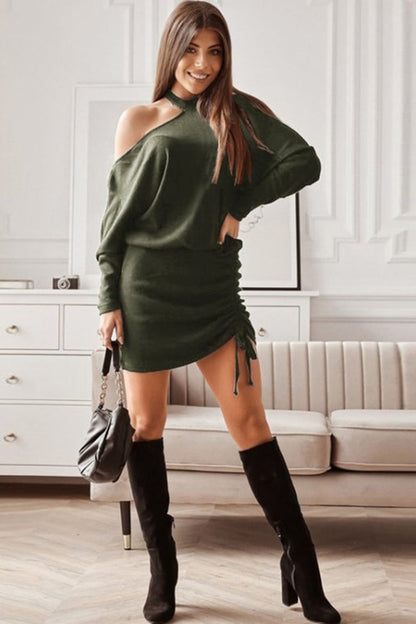 Creamtopmall Long Sleeved Off-Shoulder Drawstring Dress