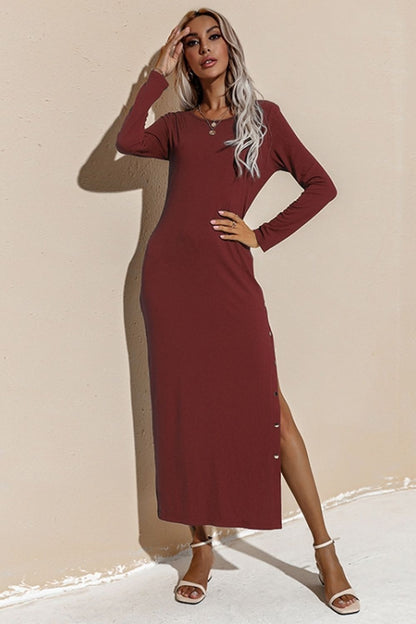 Creamtopmall Solid Color Long Sleeve Slit Dress