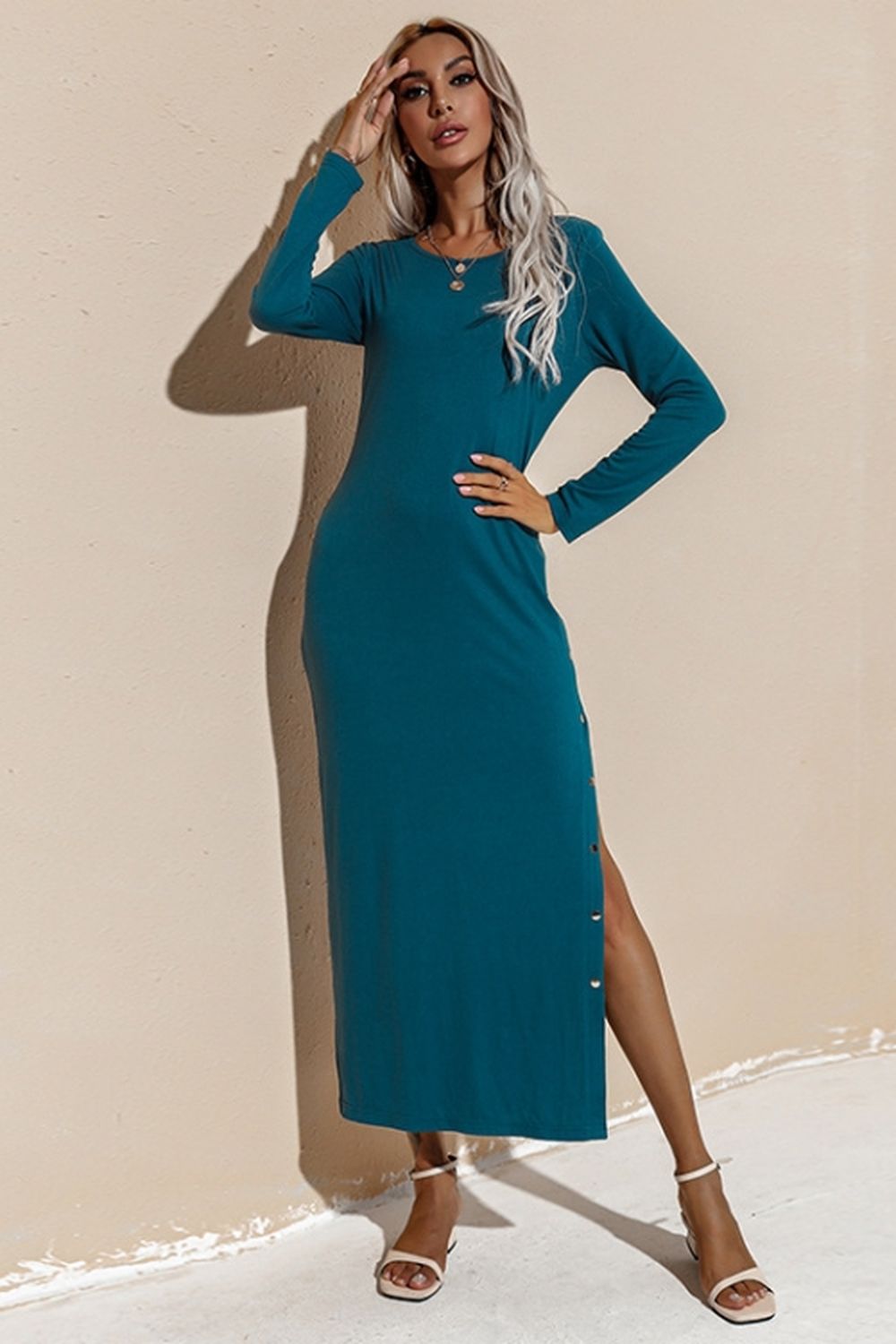 Creamtopmall Solid Color Long Sleeve Slit Dress