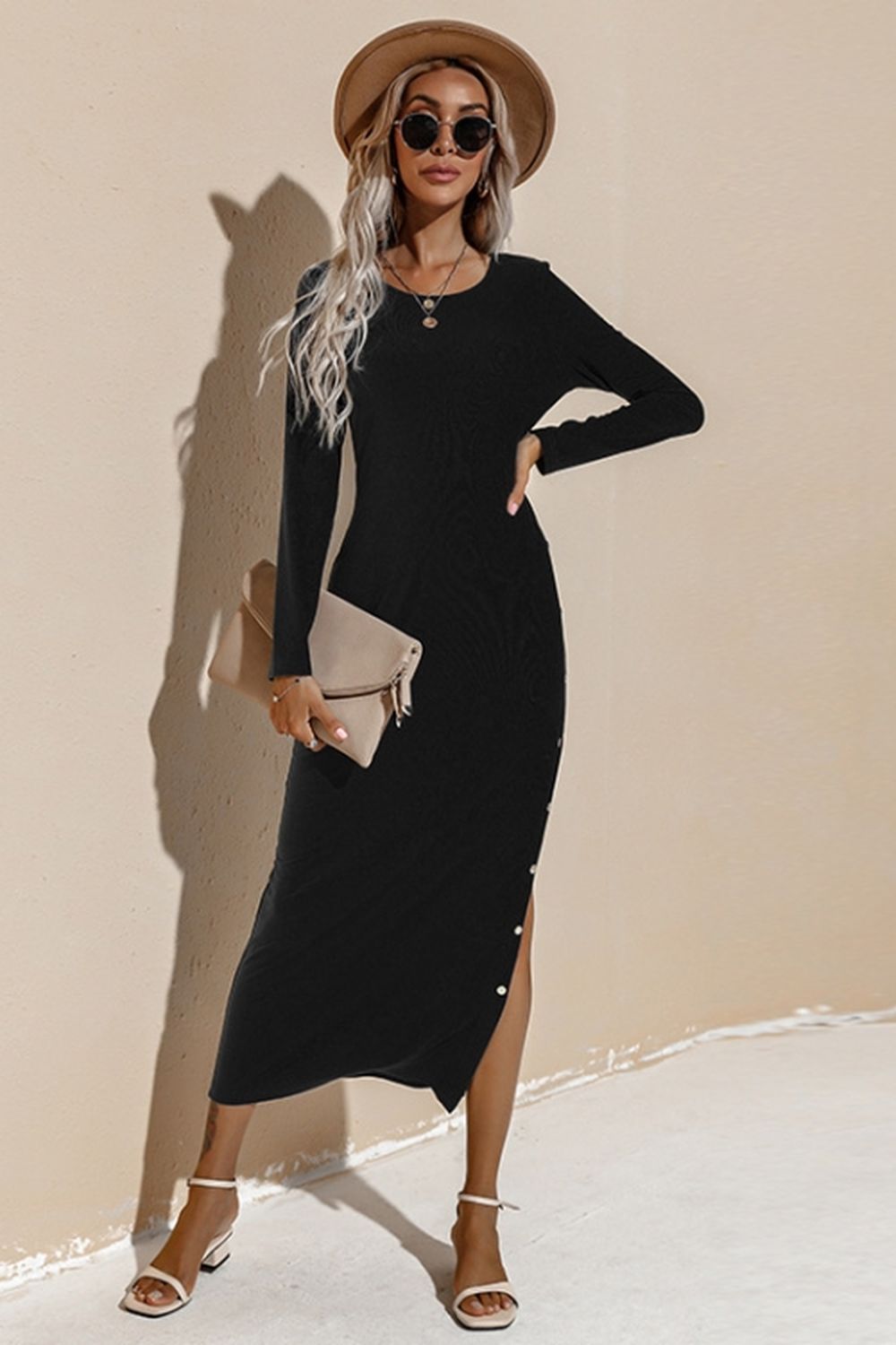 Creamtopmall Solid Color Long Sleeve Slit Dress