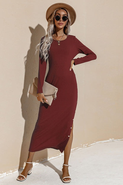 Creamtopmall Solid Color Long Sleeve Slit Dress