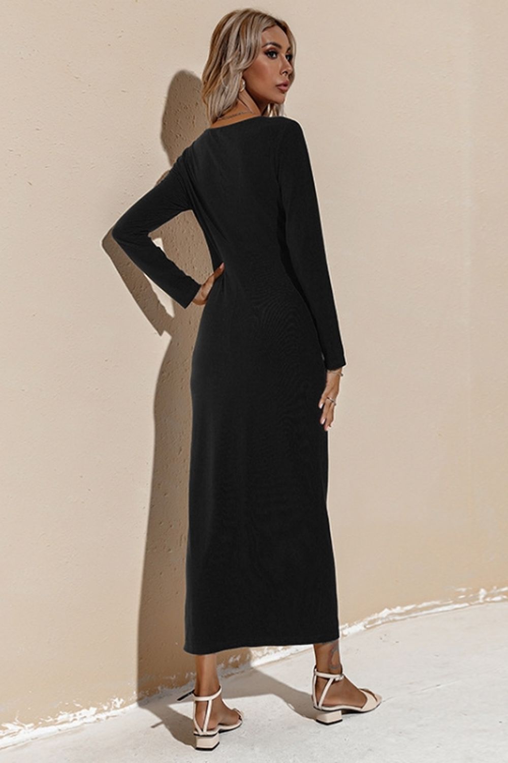 Creamtopmall Solid Color Long Sleeve Slit Dress