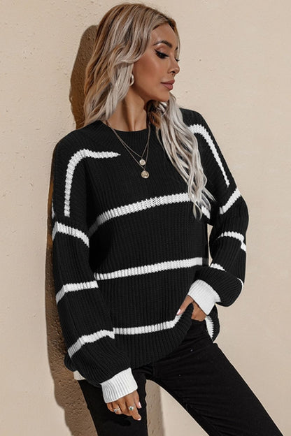 Creamtopmall Round Neck Loose Striped Knit Pullover