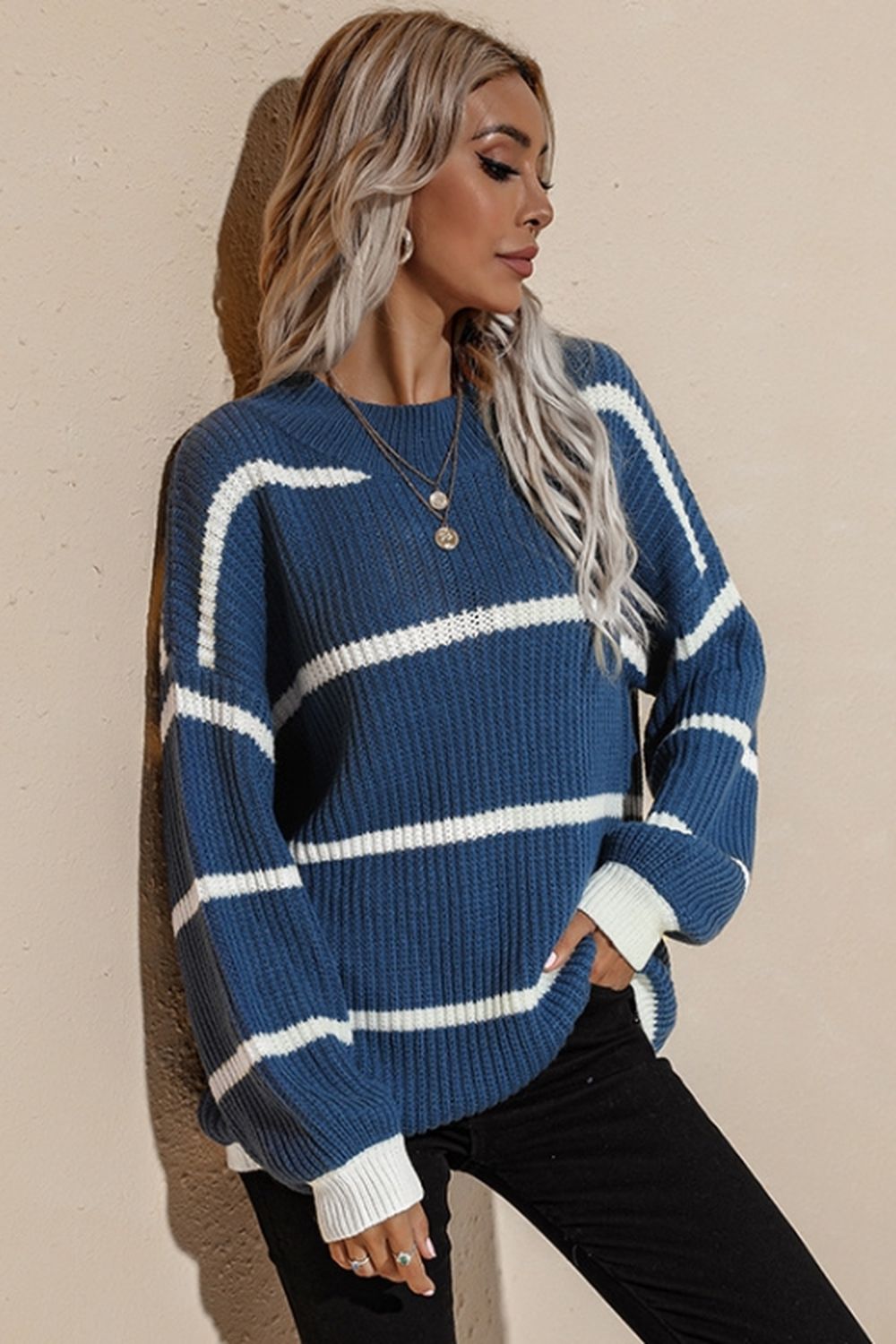 Creamtopmall Round Neck Loose Striped Knit Pullover