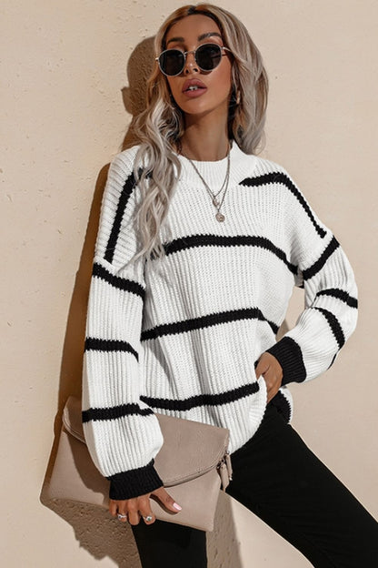 Creamtopmall Round Neck Loose Striped Knit Pullover