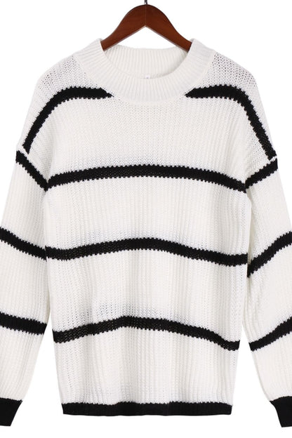 Creamtopmall Round Neck Loose Striped Knit Pullover